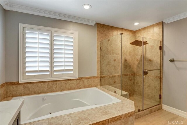 1610 Via Roma Cir, Corona, CA 92881 - bathroom featuring a garden tub, recessed lighting, and a shower stall
