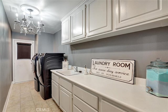 1610 Via Roma Cir, Corona, CA 92881 - clothes washing area featuring a sink, washer and clothes dryer, a notable chandelier, cabinet space, and light tile patterned floors