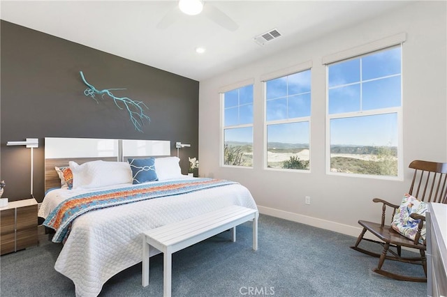 bedroom with carpet flooring, baseboards, visible vents, recessed lighting, and a ceiling fan