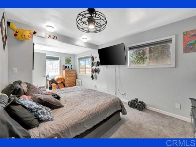 bedroom featuring radiator, baseboards, and carpet