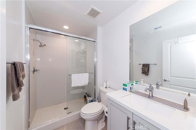 14161 Olivia Ct, La Mirada, CA 90638 - bathroom with tile patterned floors, toilet, visible vents, a shower stall, and vanity