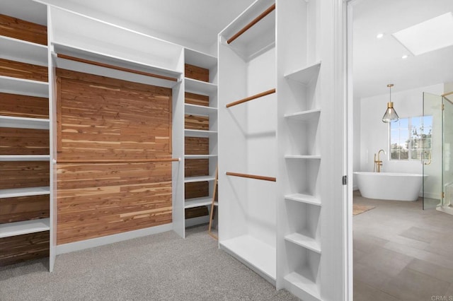walk in closet featuring a skylight and carpet