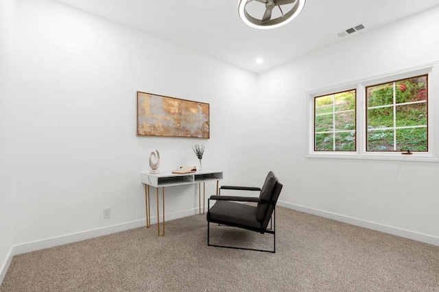 sitting room with visible vents, baseboards, ceiling fan, recessed lighting, and carpet floors