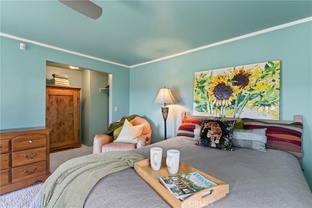 28019 N Shore Rd, Lake Arrowhead, CA 92352 - carpeted bedroom with ceiling fan and ornamental molding