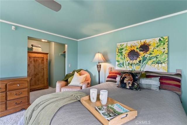 28019 N Shore Rd, Lake Arrowhead, CA 92352 - bedroom with carpet floors, crown molding, and ceiling fan