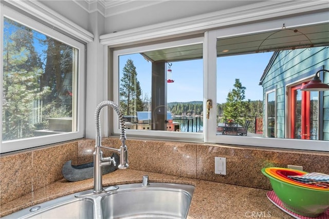 28019 N Shore Rd, Lake Arrowhead, CA 92352 - kitchen view of a sink and crown molding