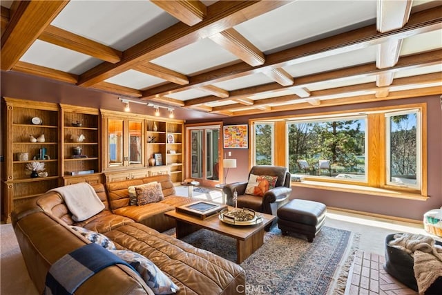 28019 N Shore Rd, Lake Arrowhead, CA 92352 - living area featuring coffered ceiling, carpet, beamed ceiling, and built in shelves
