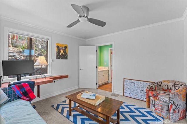28019 N Shore Rd, Lake Arrowhead, CA 92352 - living area with light carpet, a desk, crown molding, and a ceiling fan
