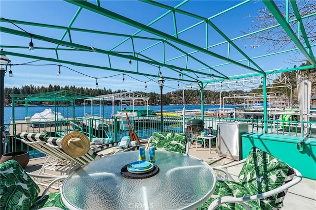 28019 N Shore Rd, Lake Arrowhead, CA 92352 - view of patio with a dock and a water view