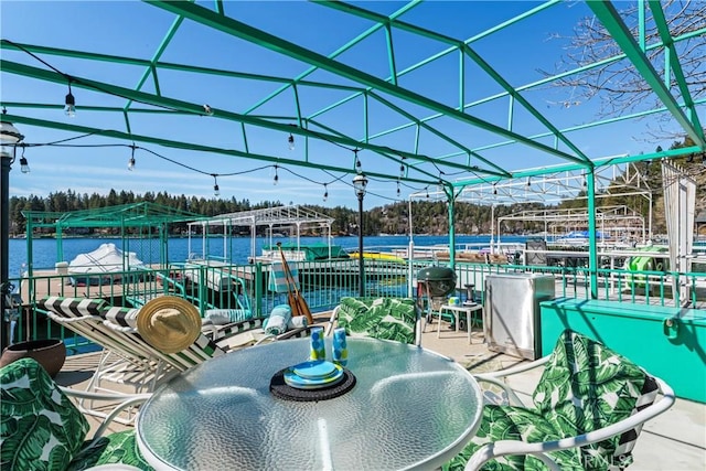 28019 N Shore Rd, Lake Arrowhead, CA 92352 - view of patio with a boat dock and a water view