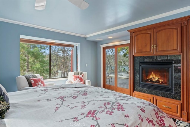 28019 N Shore Rd, Lake Arrowhead, CA 92352 - bedroom featuring access to exterior, ornamental molding, a fireplace, and ceiling fan