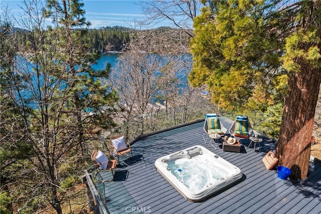 28019 N Shore Rd, Lake Arrowhead, CA 92352 - wooden deck featuring a water view and a forest view