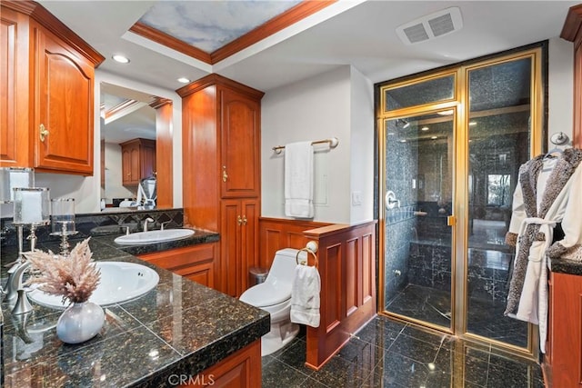 28019 N Shore Rd, Lake Arrowhead, CA 92352 - bathroom with granite floors, vanity, a stall shower, wainscoting, and recessed lighting