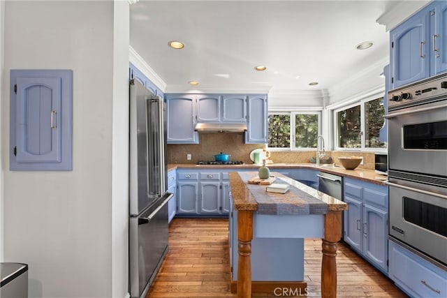 28019 N Shore Rd, Lake Arrowhead, CA 92352 - kitchen with appliances with stainless steel finishes, blue cabinets, backsplash, dark wood-style floors, and crown molding