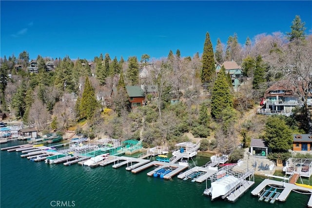 28019 N Shore Rd, Lake Arrowhead, CA 92352 - aerial view of numerous boat docks and a nearby body of water