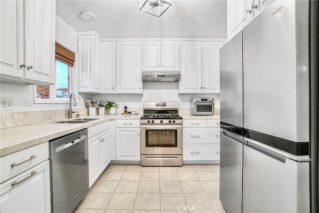 kitchen featuring a sink, white cabinetry, under cabinet range hood, and stainless steel appliances