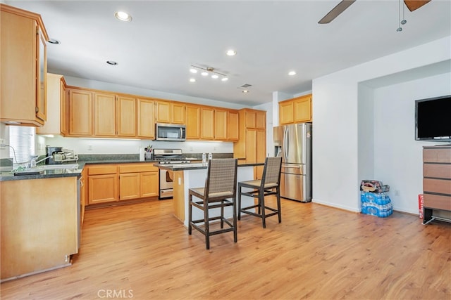 kitchen with a kitchen bar, appliances with stainless steel finishes, ceiling fan, and light wood finished floors