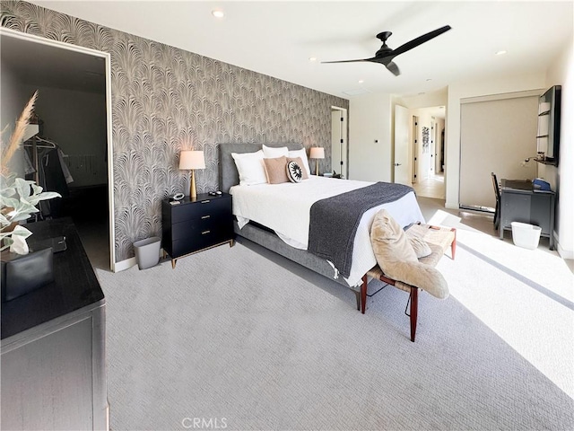 57601 Santo Thomas Ln, Quinta, CA 92253 - bedroom featuring baseboards, carpet floors, wallpapered walls, recessed lighting, and ceiling fan
