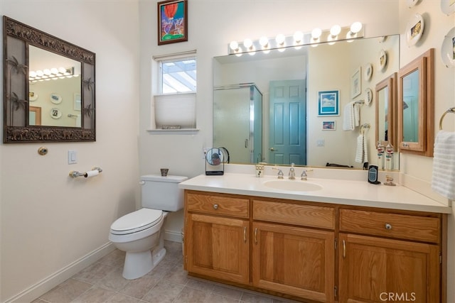 45500 Right Rd, Ahwahnee, CA 93601 - full bath with tile patterned flooring, baseboards, toilet, a stall shower, and vanity