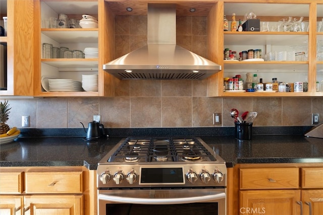 45500 Right Rd, Ahwahnee, CA 93601 - kitchen with open shelves, decorative backsplash, gas range, and range hood