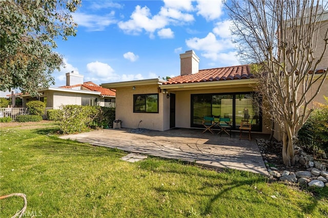 1021 Pebble Beach Dr, Upland, CA 91784 - rear view of house with a tile roof, a patio area, stucco siding, and a chimney