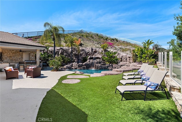 6 Via Presea, Coto De Caza, CA 92679 - view of grassy yard featuring outdoor lounge area, a patio, and a ceiling fan