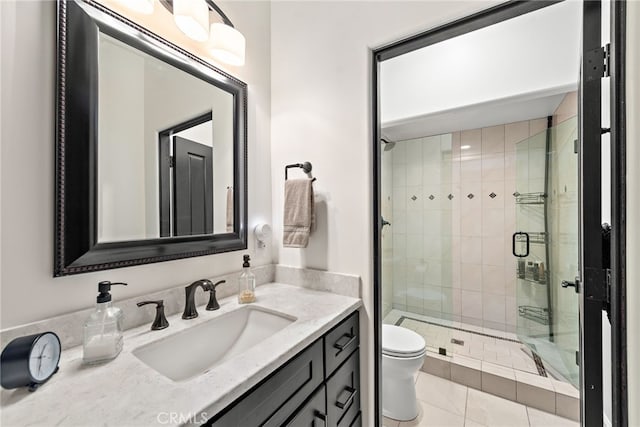 6 Via Presea, Coto De Caza, CA 92679 - bathroom featuring a stall shower, toilet, vanity, and tile patterned floors