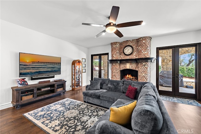6 Via Presea, Coto De Caza, CA 92679 - living room with french doors, arched walkways, wood finished floors, baseboards, and ceiling fan