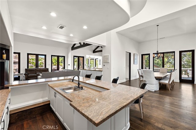 6 Via Presea, Coto De Caza, CA 92679 - kitchen featuring open floor plan, a sink, recessed lighting, dark wood-style floors, and light stone countertops