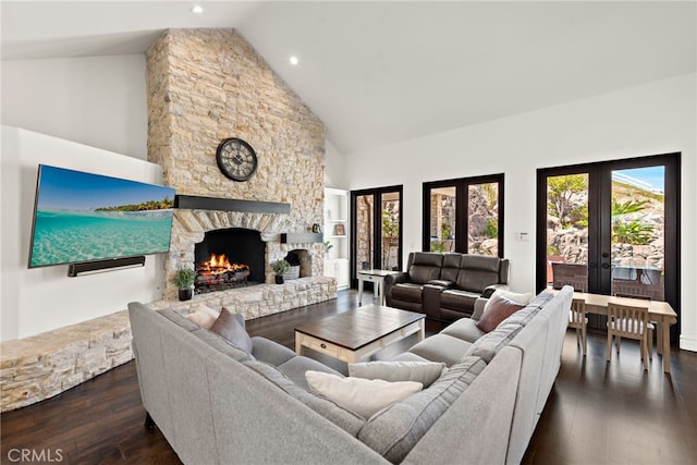6 Via Presea, Coto De Caza, CA 92679 - living area with high vaulted ceiling, french doors, a fireplace, dark wood finished floors, and recessed lighting