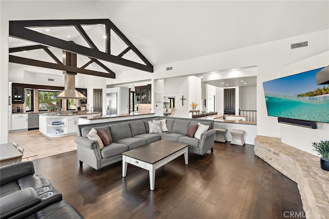 6 Via Presea, Coto De Caza, CA 92679 - living area with wood finished floors, recessed lighting, beam ceiling, and high vaulted ceiling