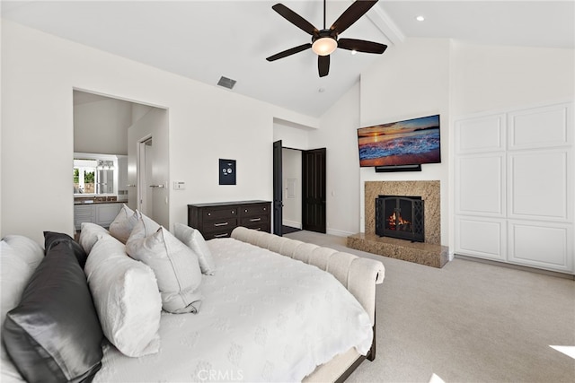 6 Via Presea, Coto De Caza, CA 92679 - carpeted bedroom with beamed ceiling, a premium fireplace, high vaulted ceiling, a ceiling fan, and ensuite bathroom