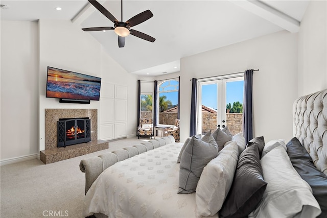 6 Via Presea, Coto De Caza, CA 92679 - carpeted bedroom featuring beamed ceiling, high vaulted ceiling, a high end fireplace, a ceiling fan, and baseboards