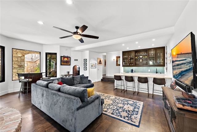 6 Via Presea, Coto De Caza, CA 92679 - living area with bar with sink, recessed lighting, baseboards, ceiling fan, and dark wood finished floors