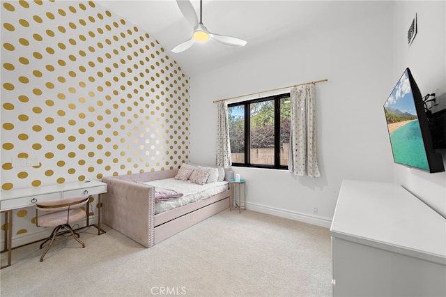6 Via Presea, Coto De Caza, CA 92679 - carpeted bedroom with vaulted ceiling, ceiling fan, and wallpapered walls