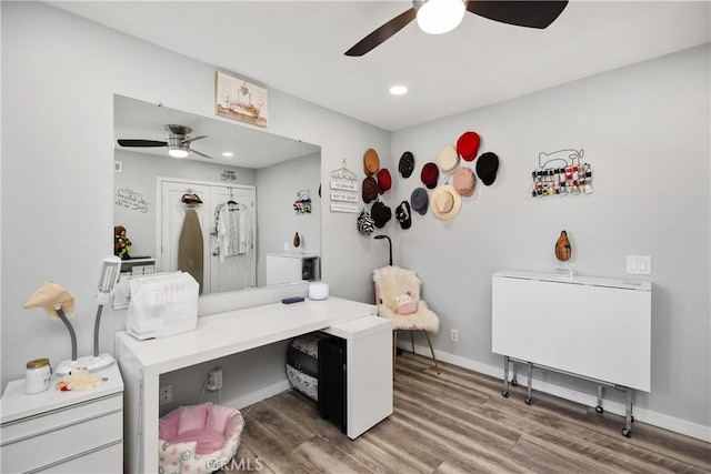 home office with recessed lighting, wood finished floors, and a ceiling fan