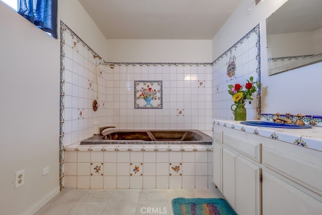 bathroom featuring vanity, tile patterned flooring, a relaxing tiled tub, tile walls, and a tile shower