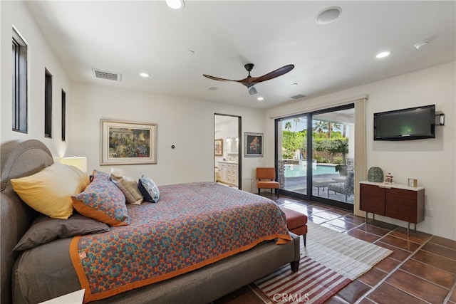 bedroom featuring visible vents, access to outside, and recessed lighting