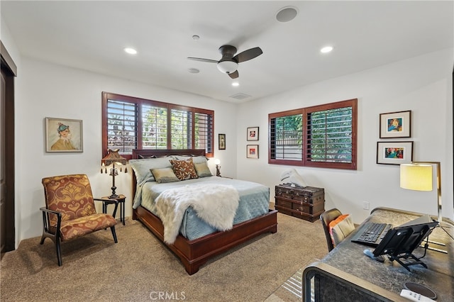 bedroom featuring carpet floors, recessed lighting, and ceiling fan