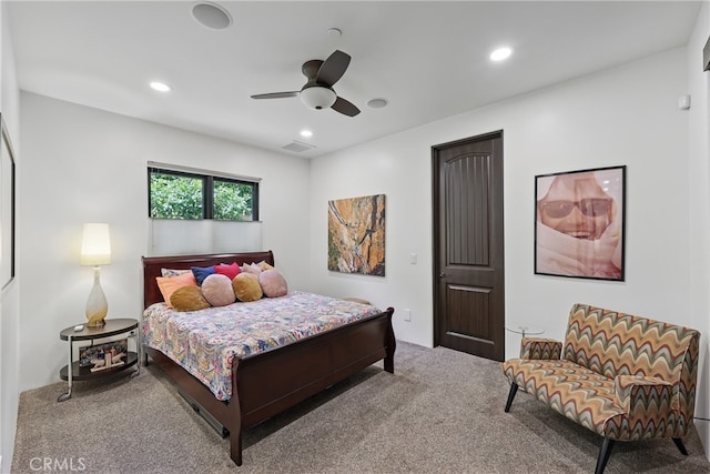 carpeted bedroom with visible vents, recessed lighting, and ceiling fan
