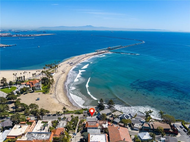 aerial view featuring a beach view and a water view