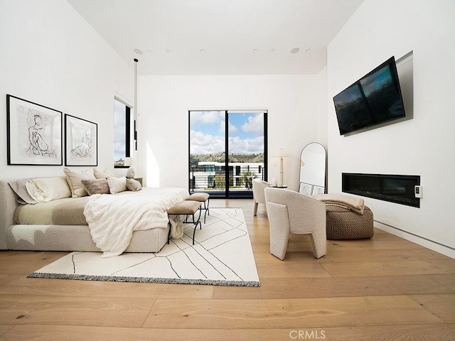 18852 Canyon Crest Dr, Villa Park, CA 92861 - bedroom with light wood-style floors, access to exterior, and a glass covered fireplace