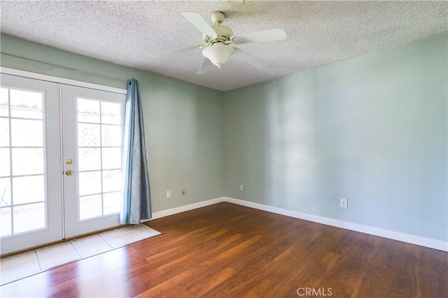 7320 Ramona Ave, Rancho Cucamonga, CA 91730 - empty room with french doors, wood finished floors, a textured ceiling, baseboards, and a ceiling fan