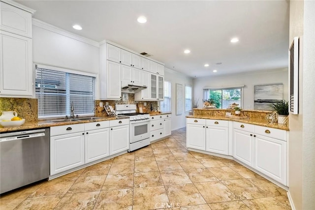 3184 Toopal Dr, Oceanside, CA 92058 - kitchen featuring stainless steel dishwasher, white range with gas cooktop, ornamental molding, decorative backsplash, and recessed lighting
