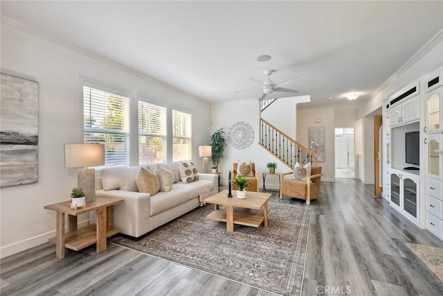 3184 Toopal Dr, Oceanside, CA 92058 - living area featuring stairs, crown molding, light wood finished floors, and ceiling fan