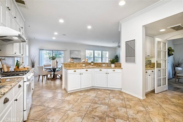 3184 Toopal Dr, Oceanside, CA 92058 - kitchen featuring gas range gas stove, recessed lighting, under cabinet range hood, healthy amount of natural light, and light stone counters