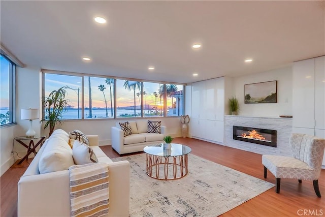 2999 E Ocean Blvd Unit 210, Long Beach, CA 90803 - living room featuring wood finished floors, a glass covered fireplace, healthy amount of natural light, recessed lighting, and baseboards