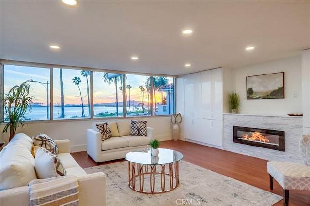 2999 E Ocean Blvd Unit 210, Long Beach, CA 90803 - living area with a glass covered fireplace, wood finished floors, recessed lighting, and baseboards