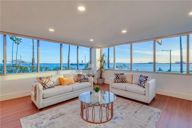 2999 E Ocean Blvd Unit 210, Long Beach, CA 90803 - living area featuring baseboards, wood finished floors, recessed lighting, and a water view