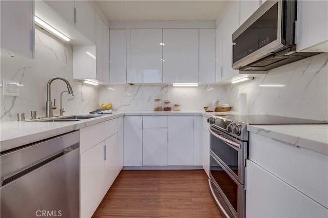 2999 E Ocean Blvd Unit 210, Long Beach, CA 90803 - kitchen with appliances with stainless steel finishes, a sink, white cabinetry, and modern cabinets